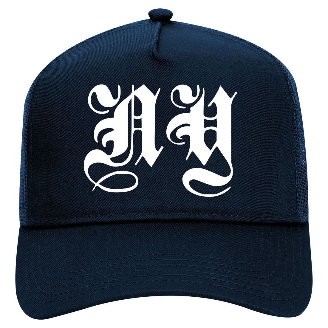 NY Old English New York City Mens Mesh Trucker Hat Navy Blue
