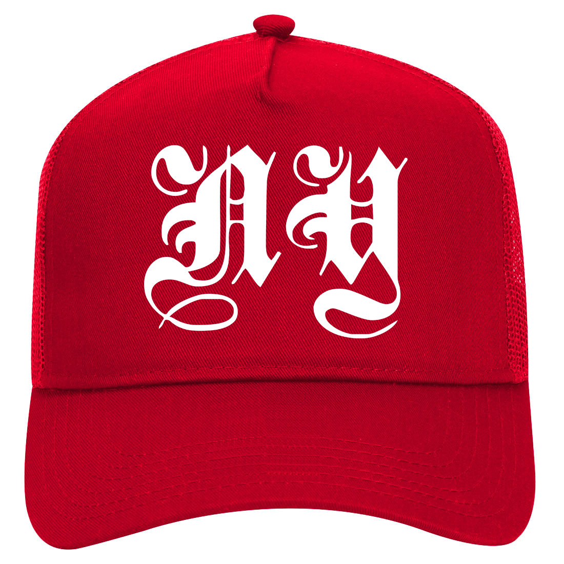 NY Old English New York City Mens Mesh Trucker Hat Red