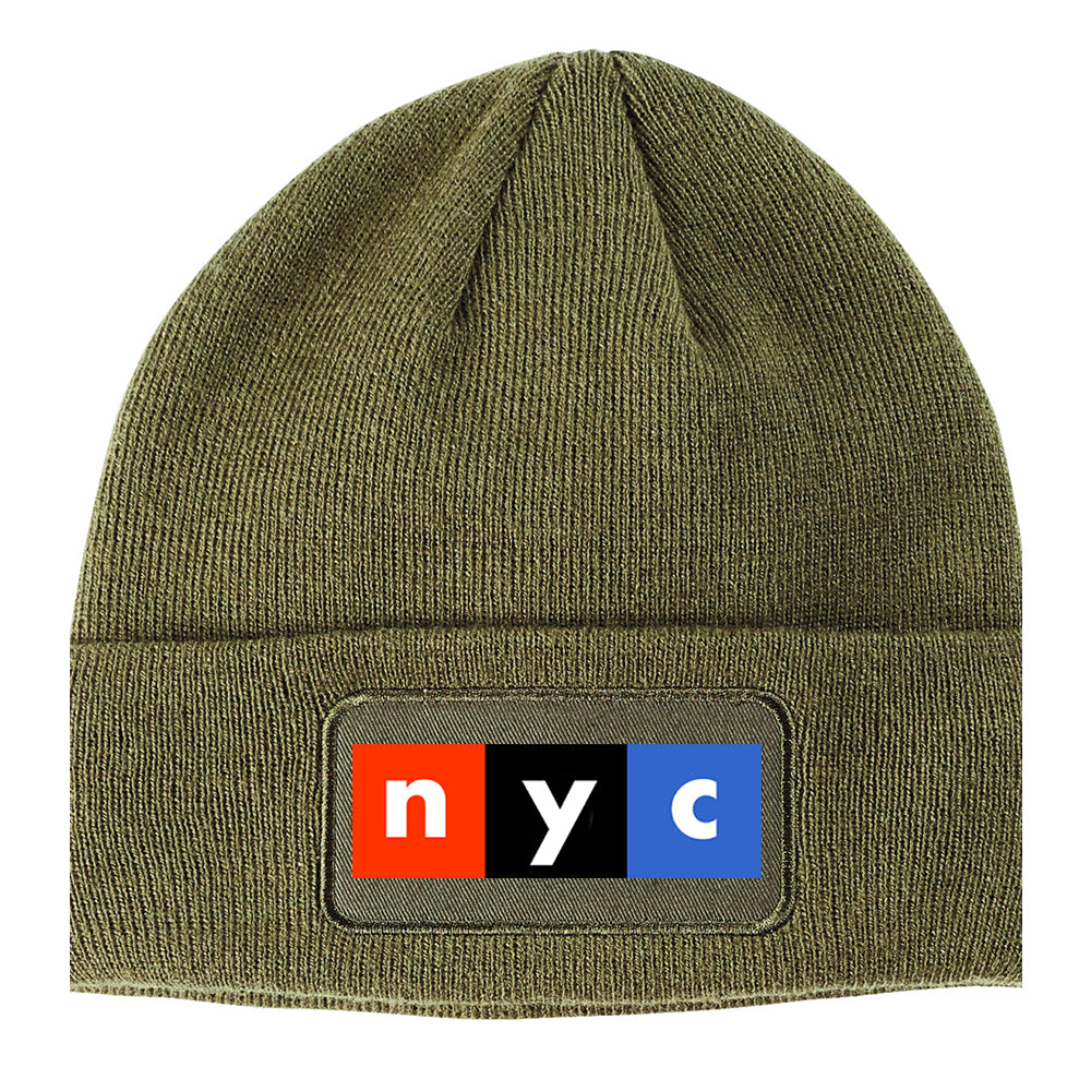 NYC New York City Box Logo Winter Knit Adult Beanie Hat Olive Green