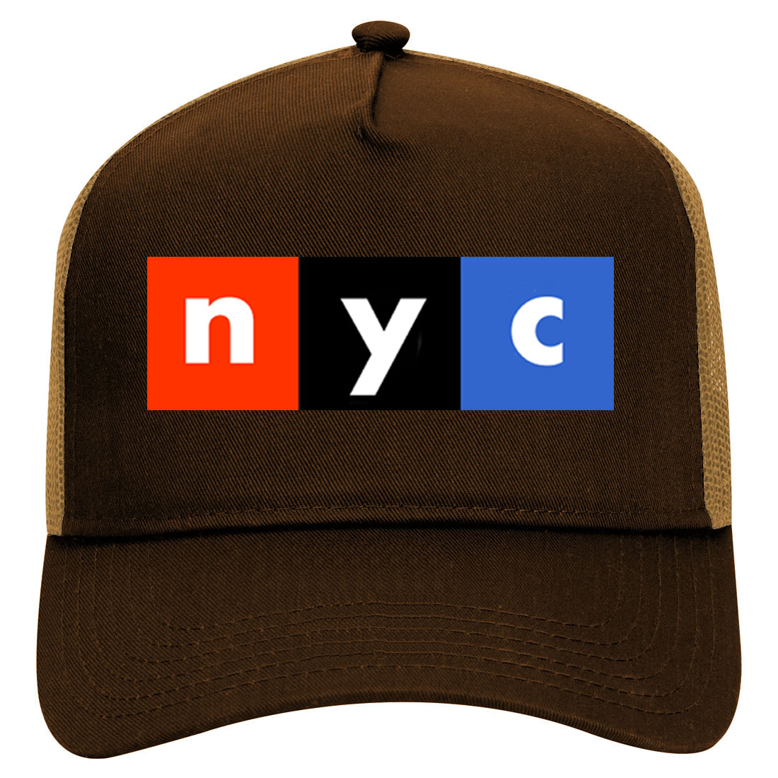NYC New York City Box Logo Mens Mesh Trucker Hat Brown