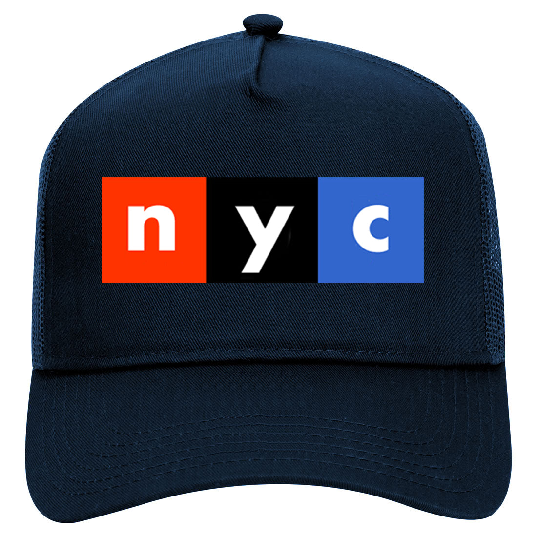 NYC New York City Box Logo Mens Mesh Trucker Hat Navy Blue