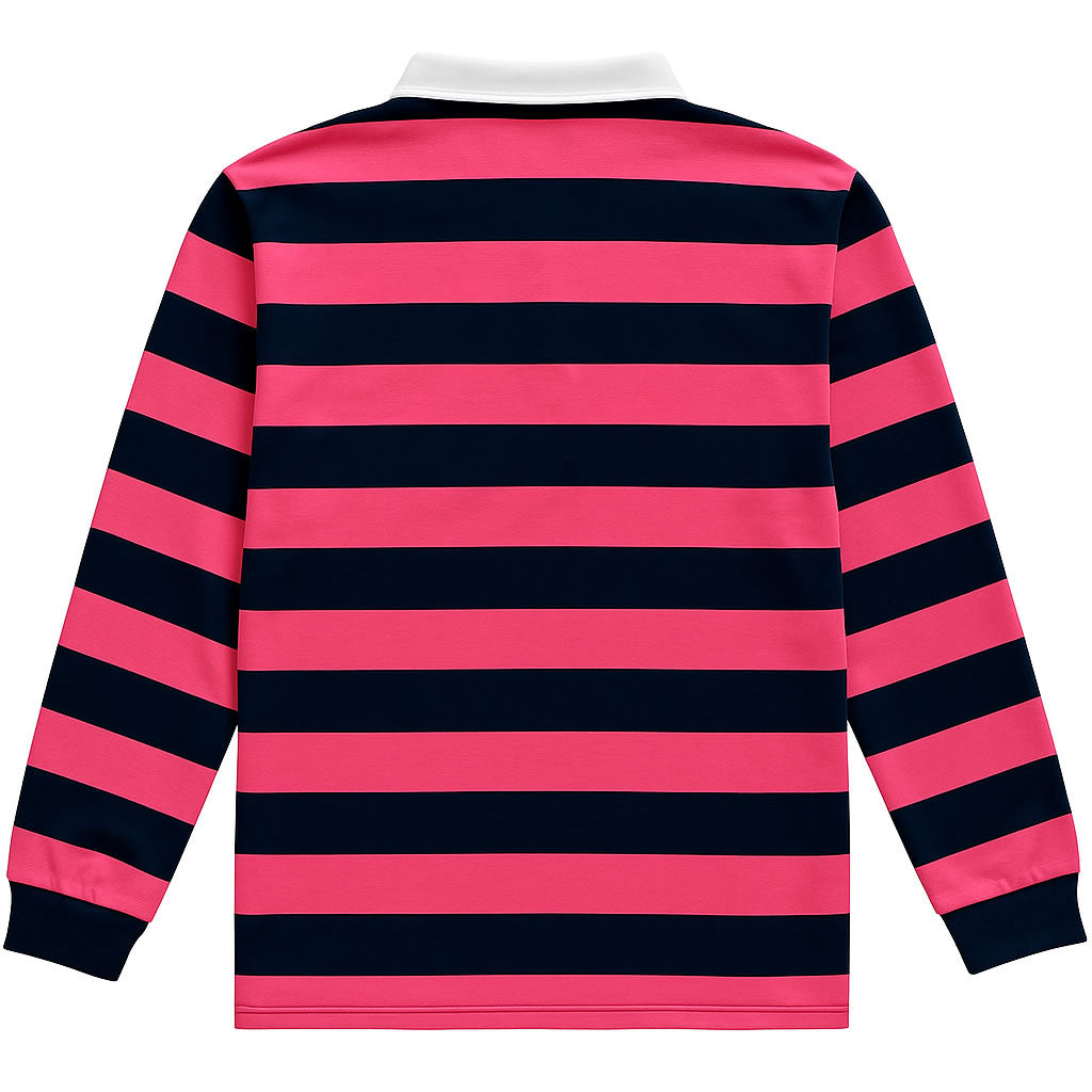 Navy Blue And Pink Striped Mens Long Sleeve Rugby Shirt Back