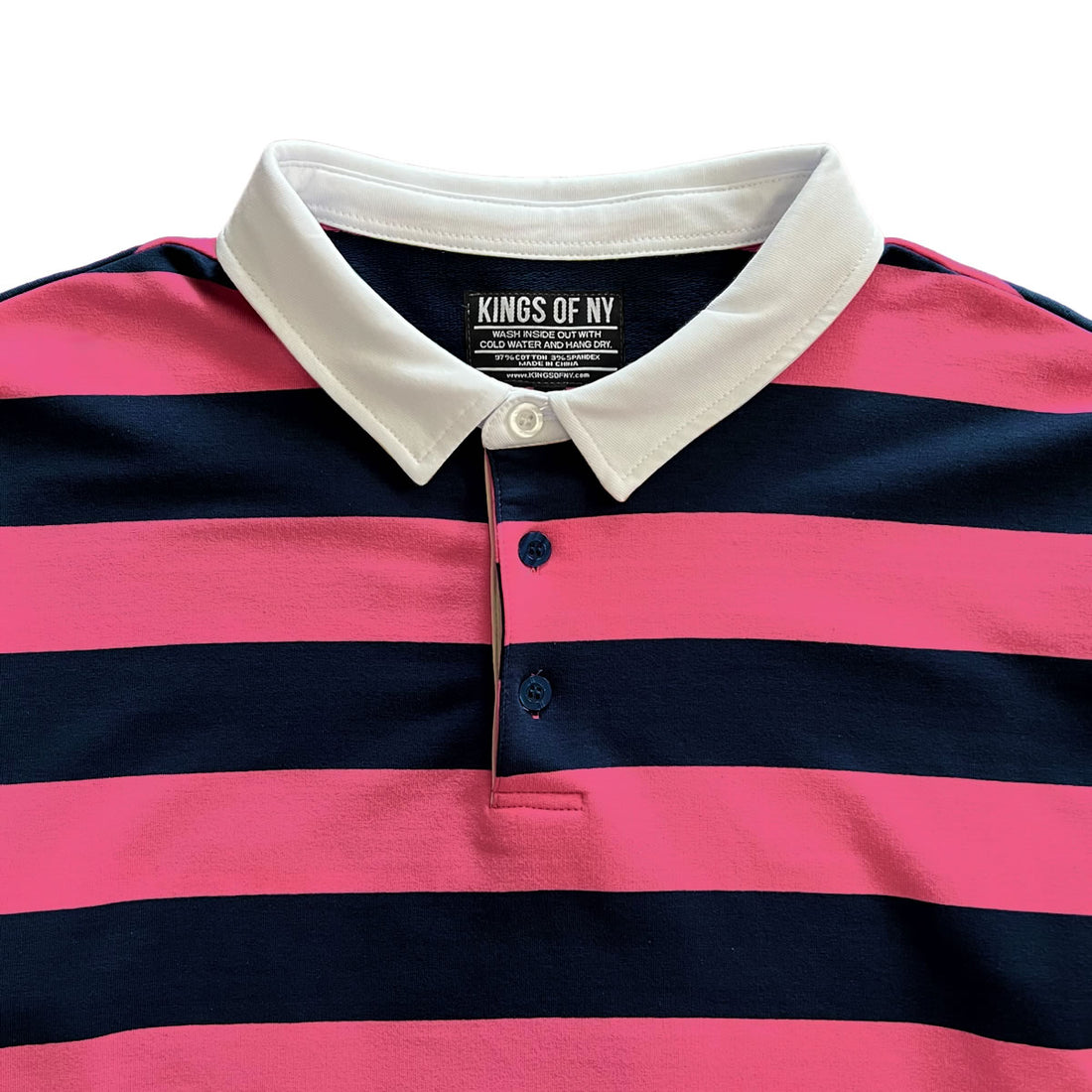 Navy Blue And Pink Striped Mens Long Sleeve Rugby Shirt Collar