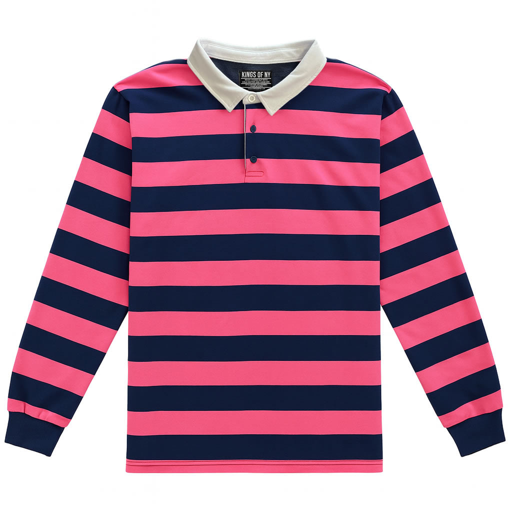 Navy Blue And Pink Striped Mens Long Sleeve Rugby Shirt – KINGS OF NY