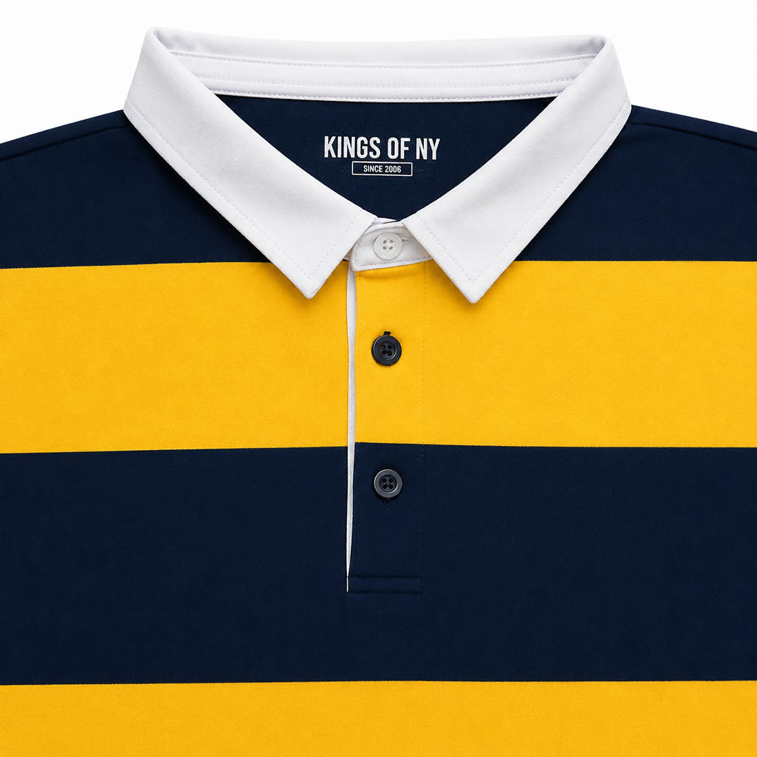 Navy Blue And Yellow Striped Men's Short Sleeve Rugby Shirt White Collar