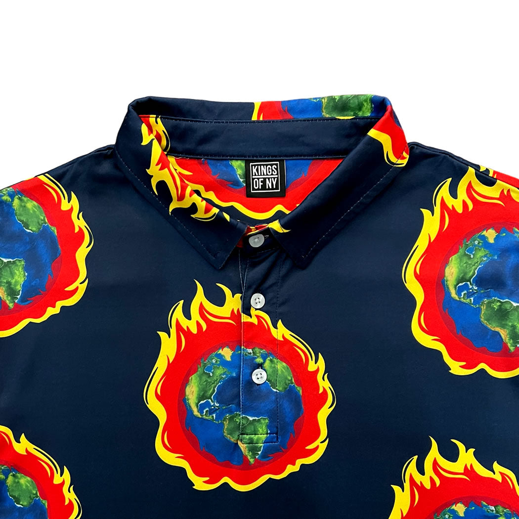 Navy Blue Burning Earth Day Men's Polo Golf Shirt Brand Label
