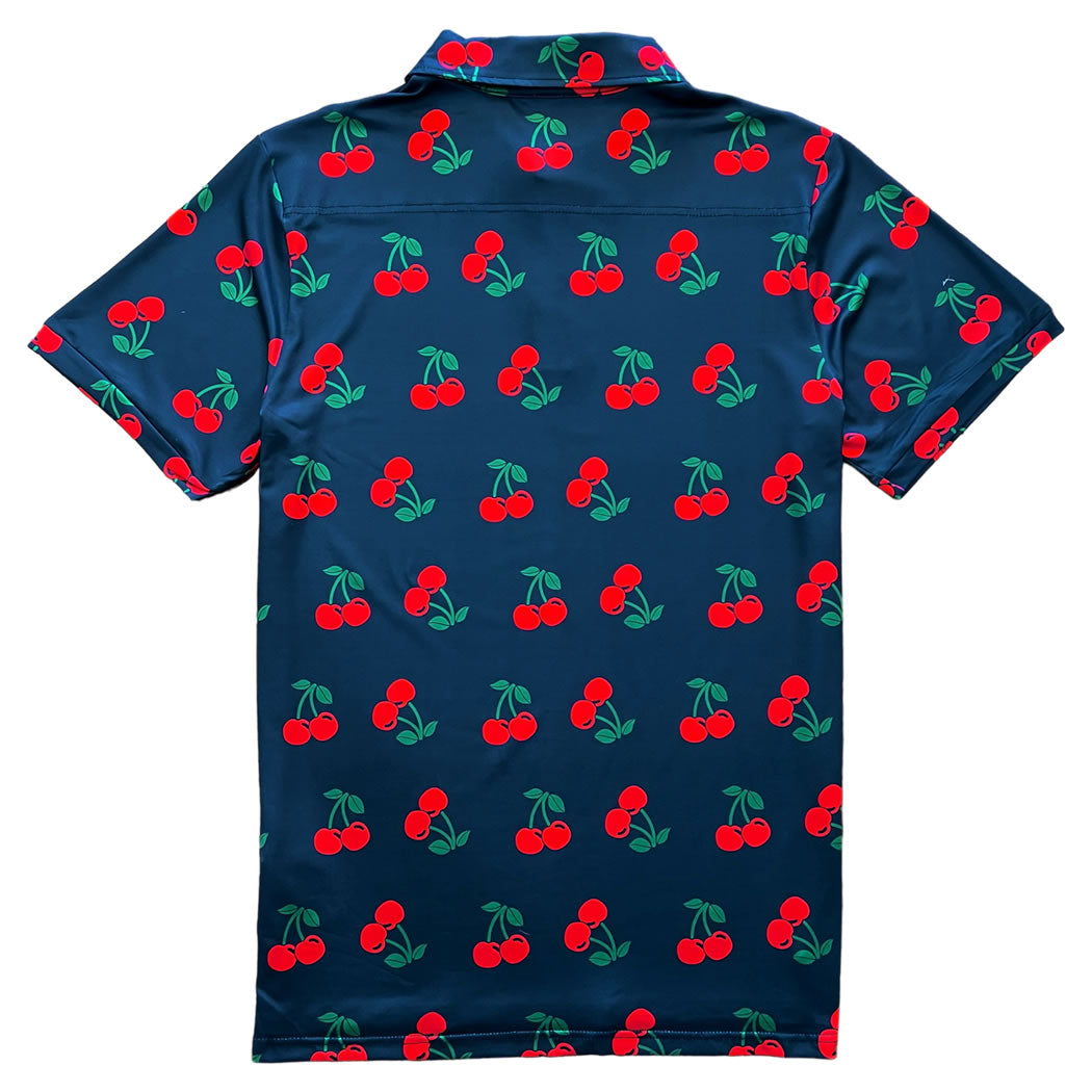Navy Blue Cherry Fruit Men's Polo Golf Shirt Back