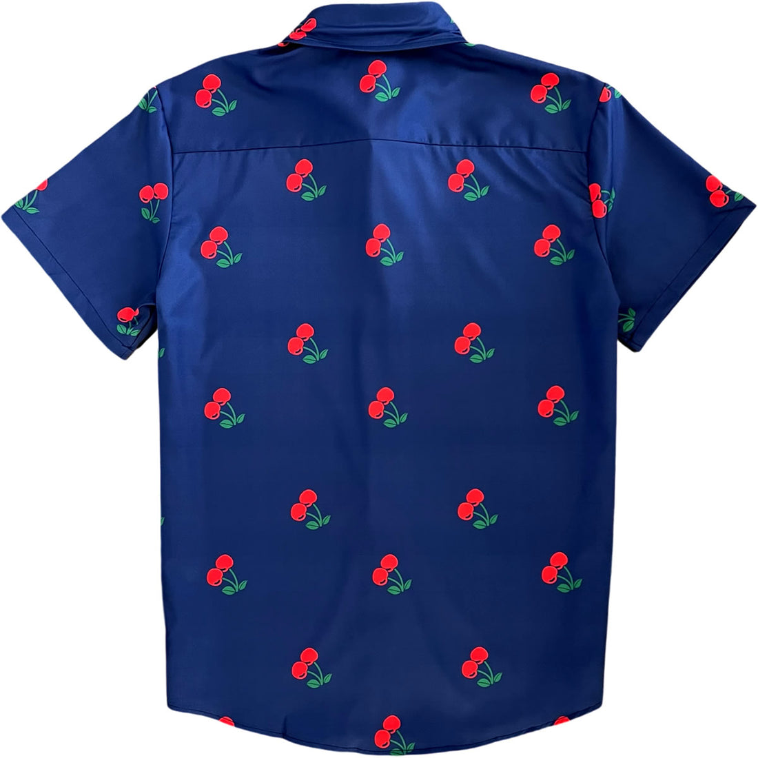 Navy Blue Cherry Fruit Men’s Short Sleeve Button Down Shirt Back