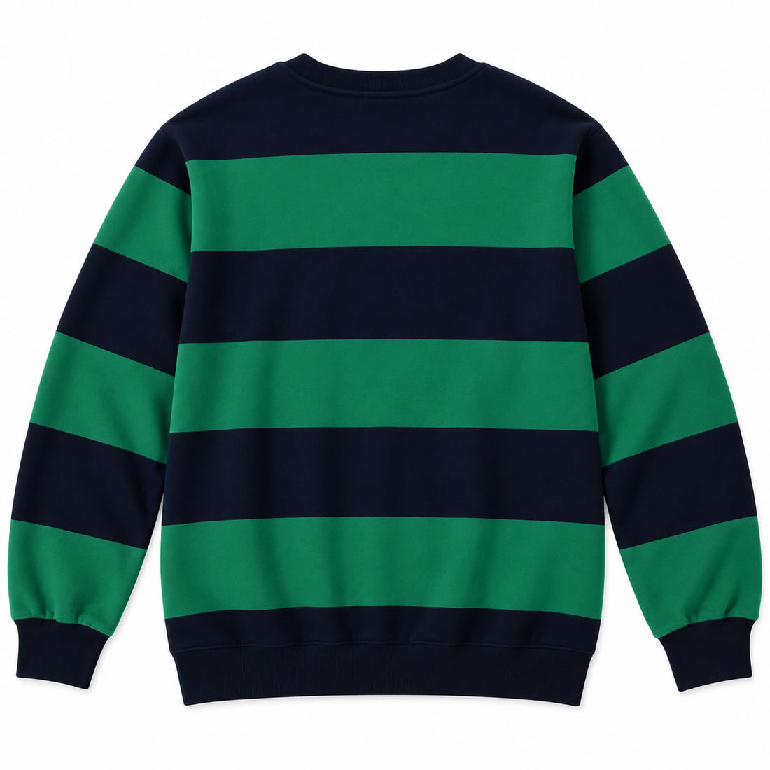 Navy blue and green striped men’s French terry crewneck sweatshirt back