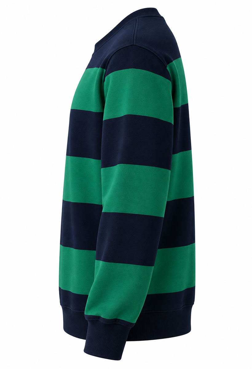 A long-sleeve crewneck sweatshirt with horizontal stripes in green and dark navy blue, shown from a side profile view against a plain white background.