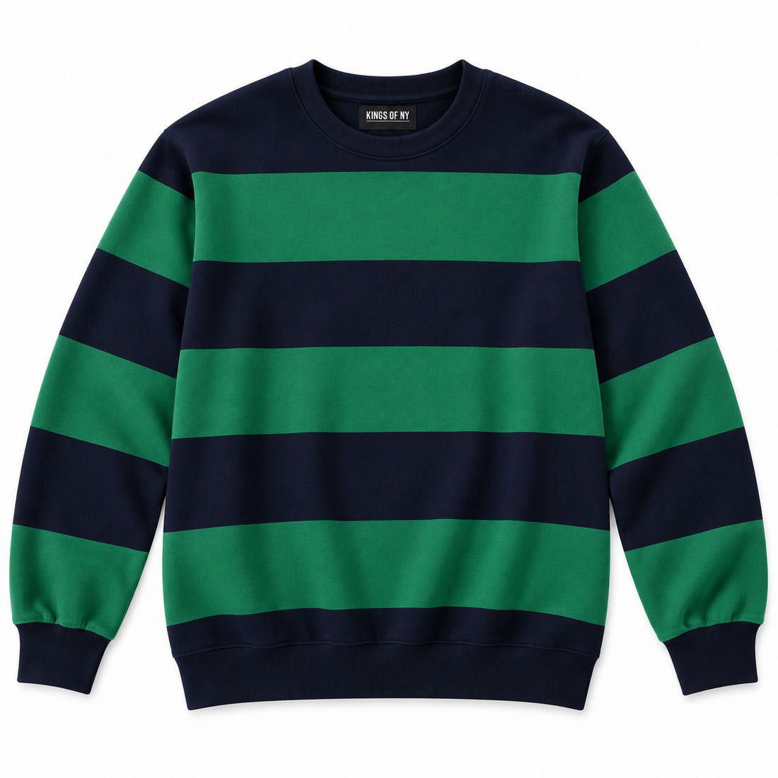 Navy blue and green striped men’s French terry crewneck sweatshirt
