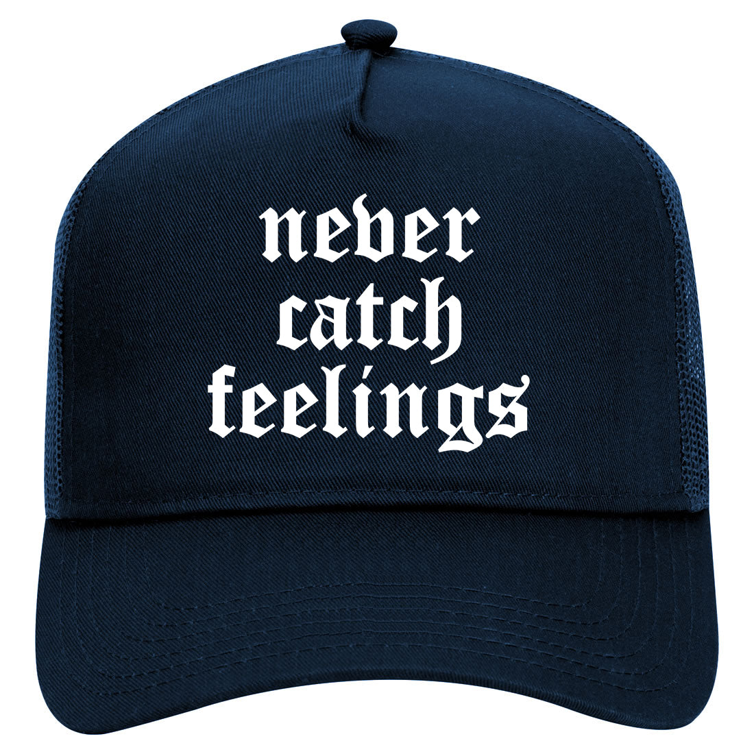 Never Catch Feelings Mens Mesh Trucker Hat Navy Blue