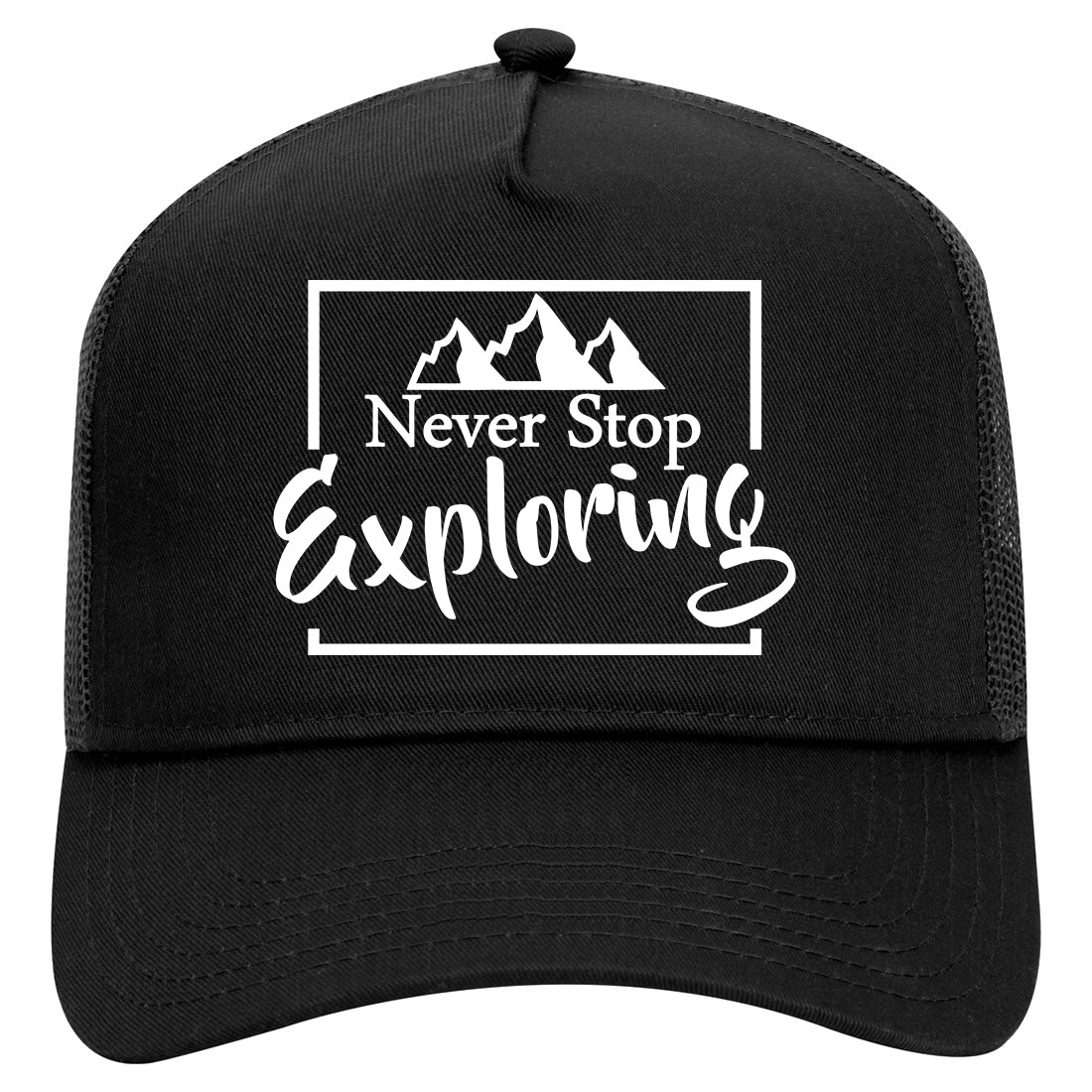Never Stop Exploring Mens Mesh Trucker Hat Black
