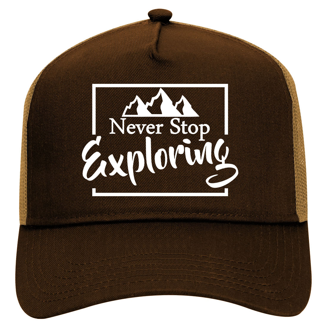 Never Stop Exploring Mens Mesh Trucker Hat Brown