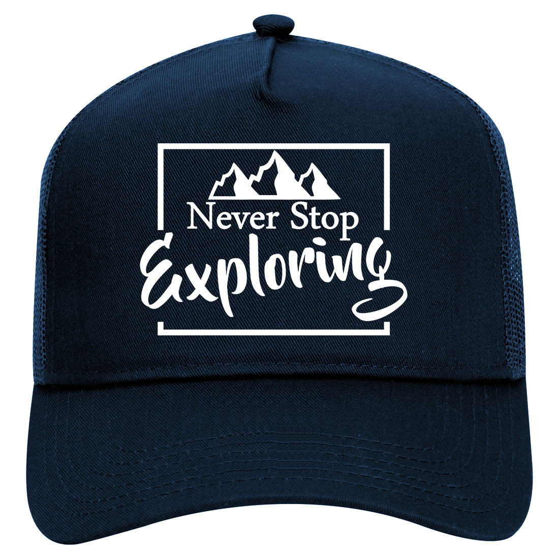 Never Stop Exploring Mens Mesh Trucker Hat Navy Blue