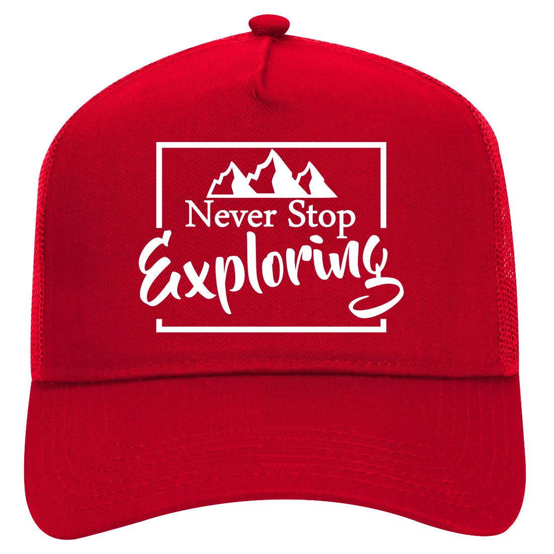 Never Stop Exploring Mens Mesh Trucker Hat Red