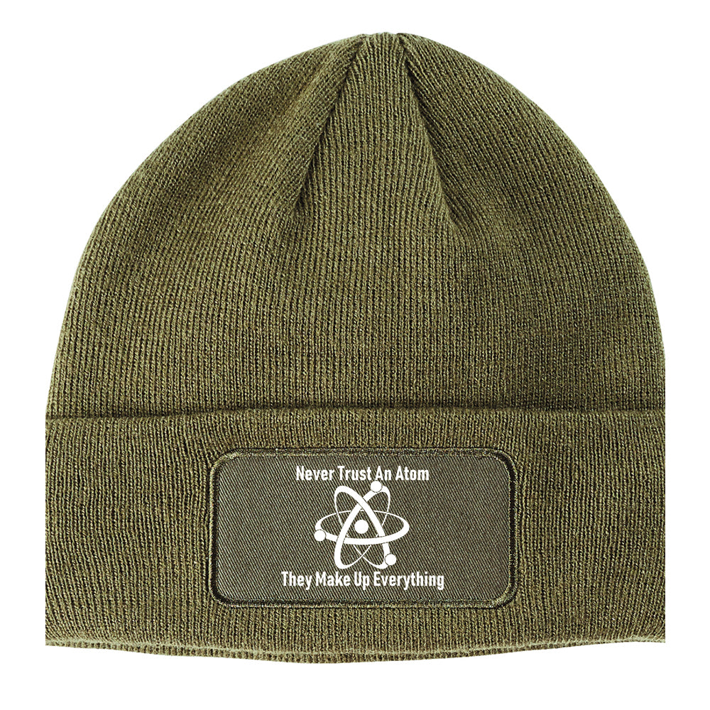Never Trust An Atom They Make Up Everything Funny Winter Knit Adult Beanie Hat Olive Green