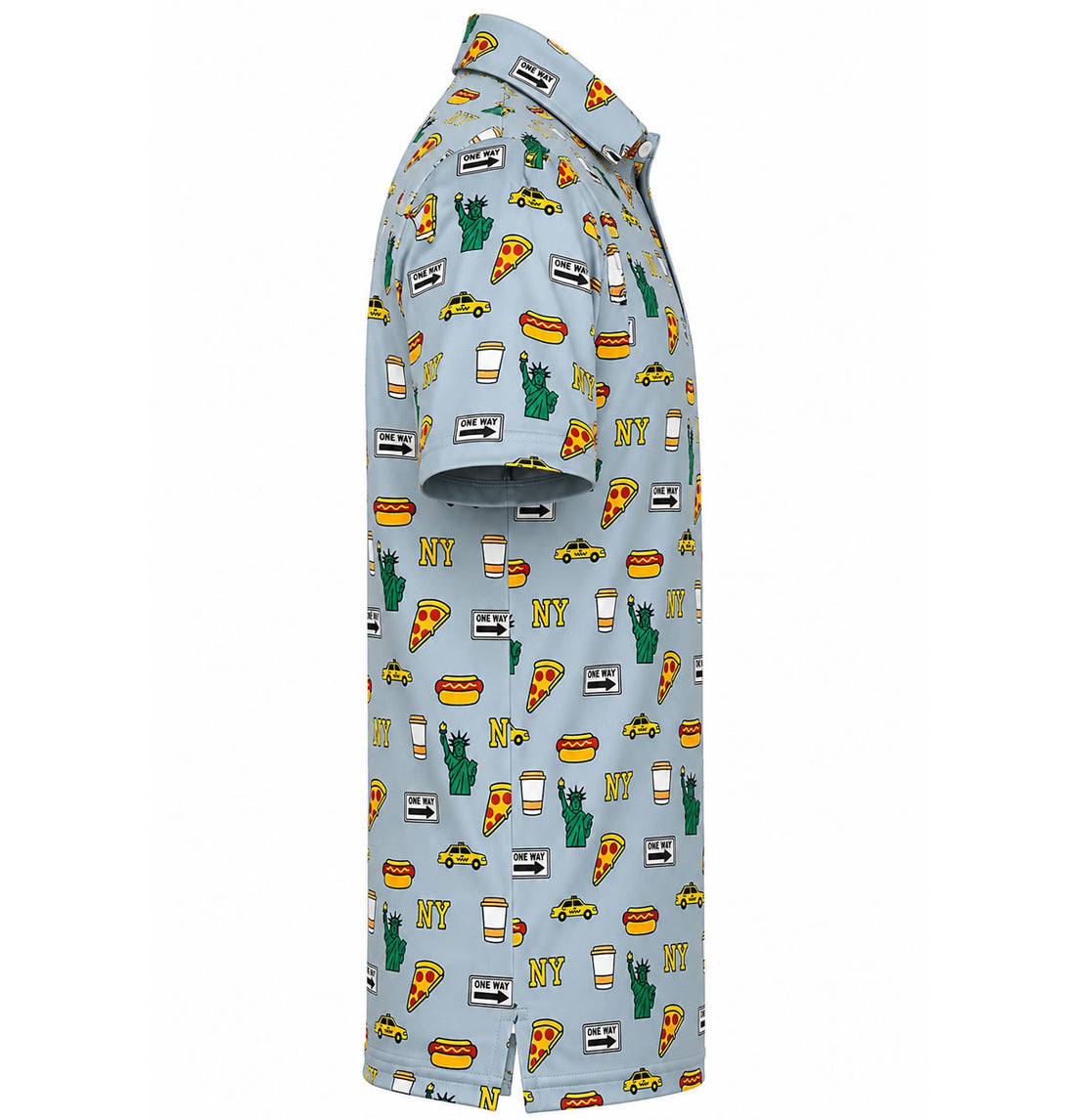 A grey short-sleeve golf polo shirt with an all-over New York print of yellow cabs, pizza slices, hot dogs, the Statue of Liberty, and 'NY' signs, shown on a plain white background.