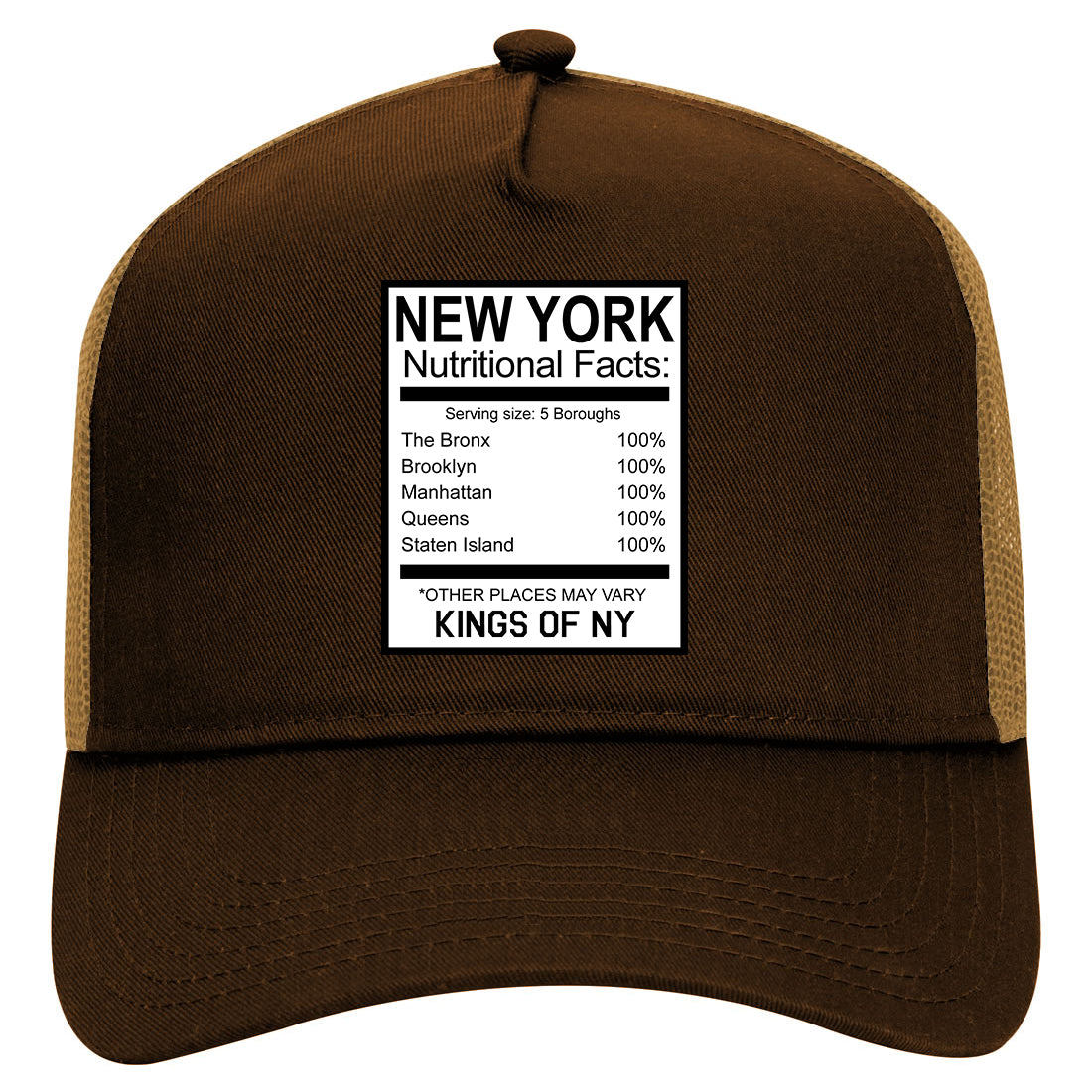 New York Nutritional Facts Mens Mesh Trucker Hat Brown