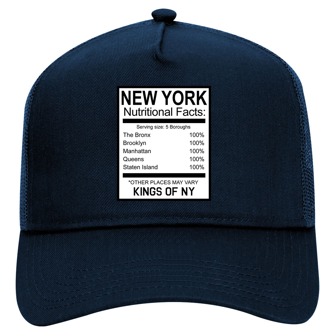 New York Nutritional Facts Mens Mesh Trucker Hat Navy Blue