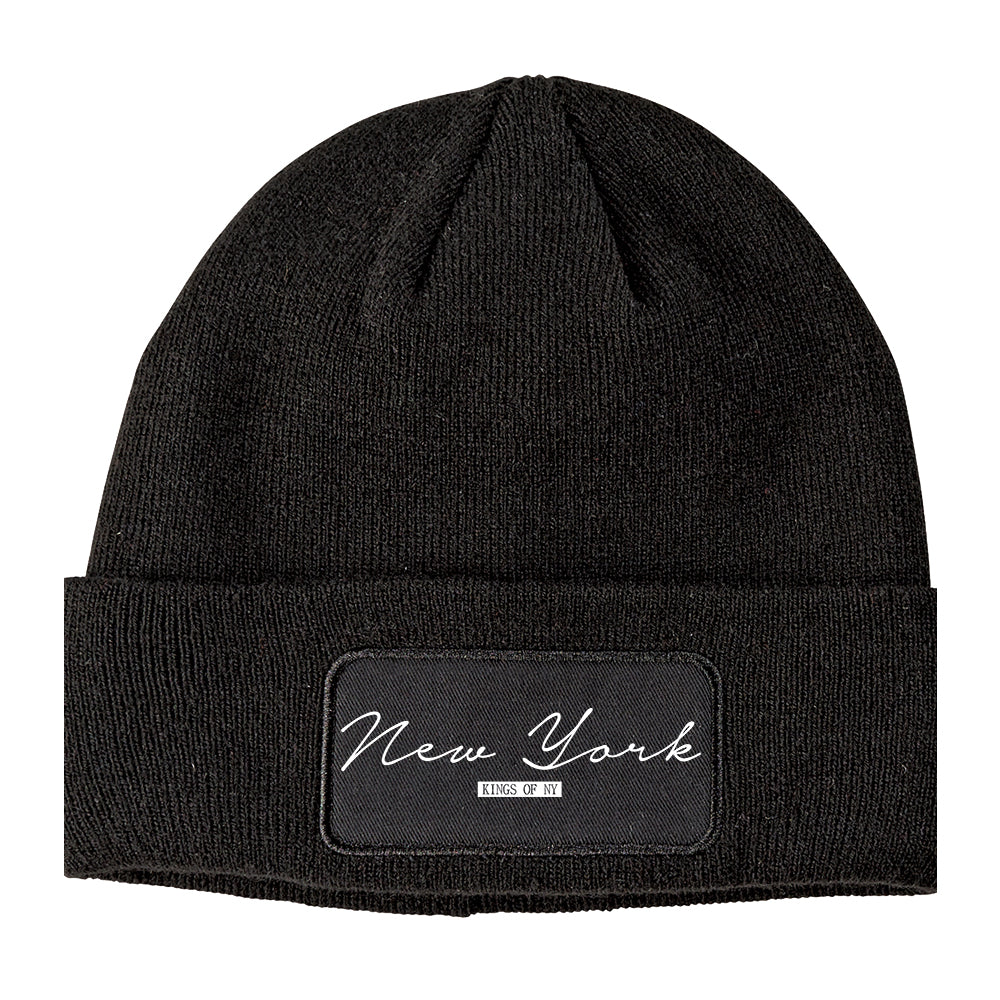 New York Script Winter Knit Adult Beanie Hat Black
