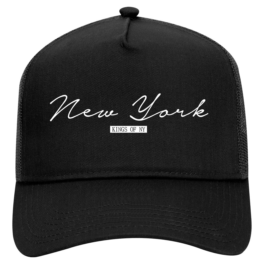 New York Script Mens Mesh Trucker Hat Black