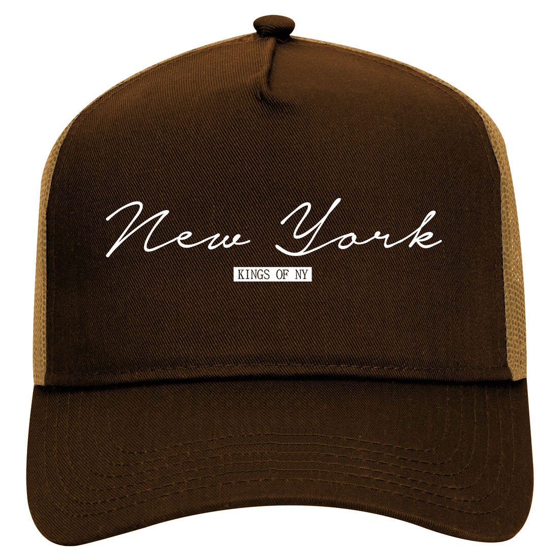 New York Script Mens Mesh Trucker Hat Brown