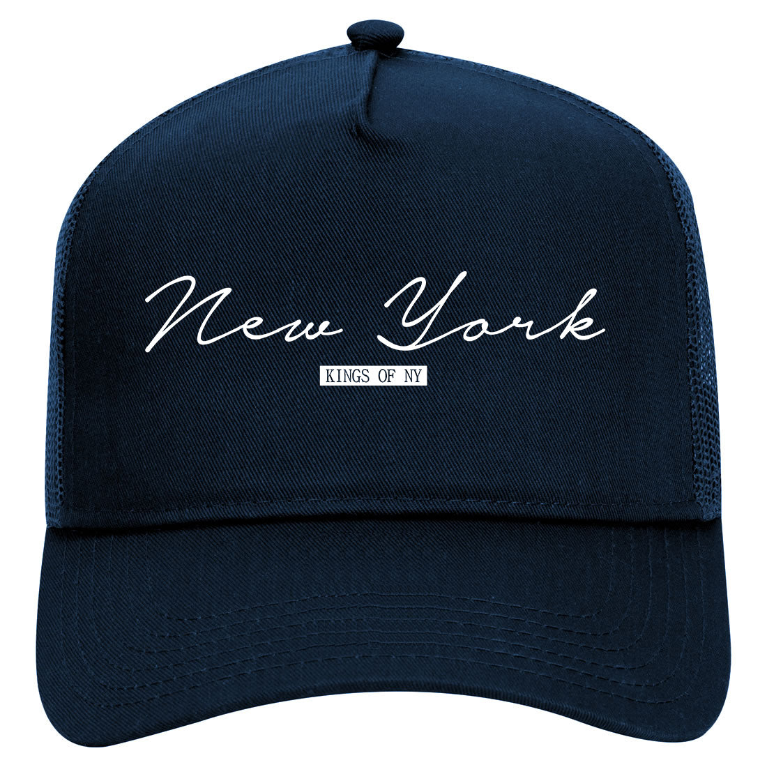 New York Script Mens Mesh Trucker Hat Navy Blue