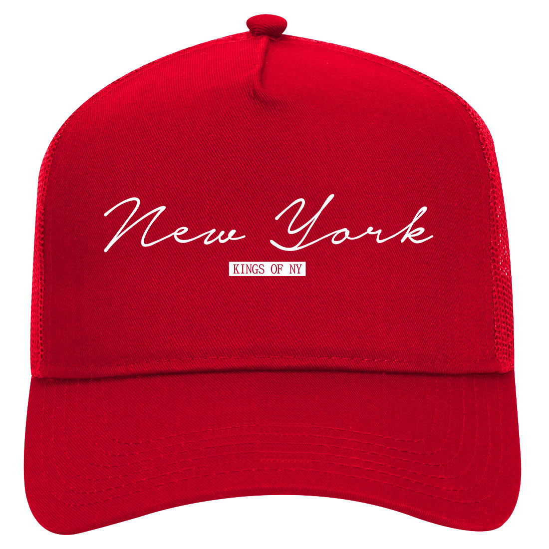 New York Script Mens Mesh Trucker Hat Red