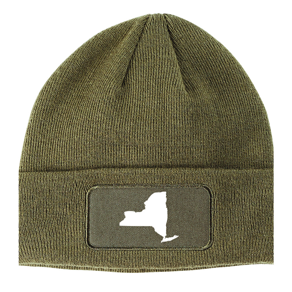 New York State Outline Winter Knit Adult Beanie Hat Olive Green
