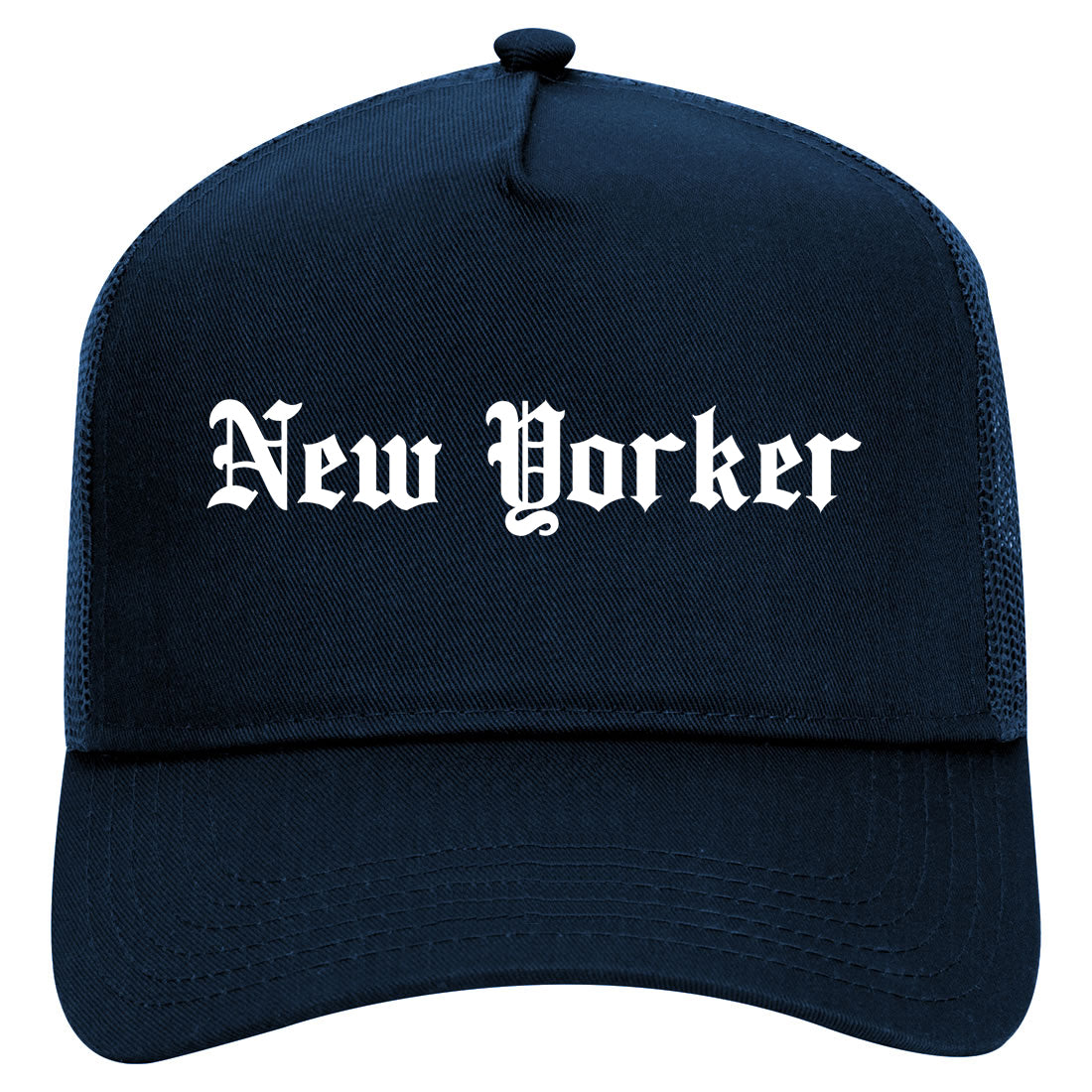 New Yorker Old English Mens Mesh Trucker Hat Navy Blue