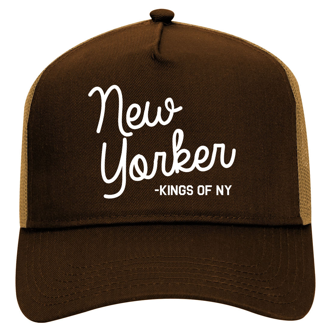 New Yorker Script Mens Mesh Trucker Hat Brown