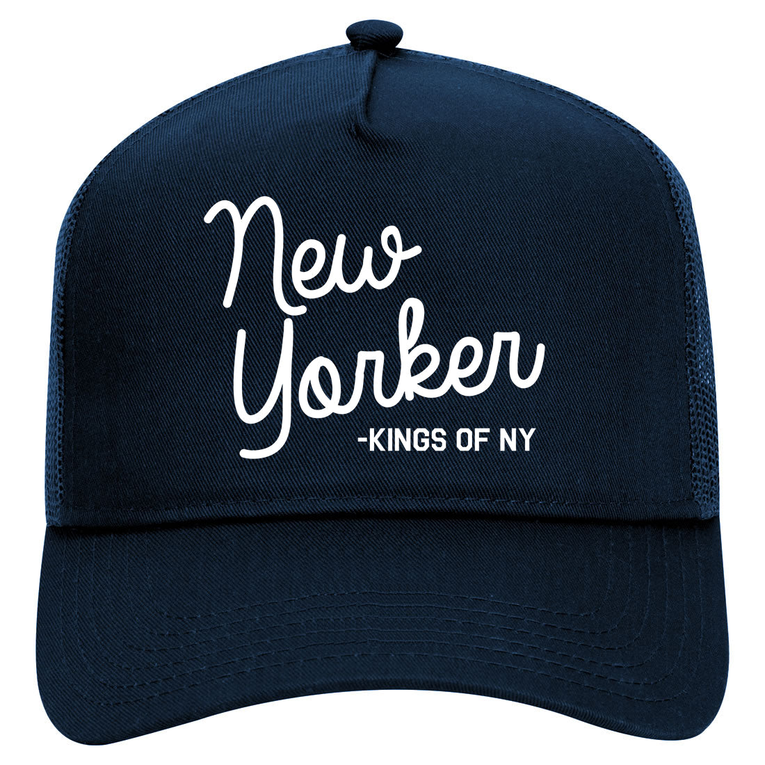 New Yorker Script Mens Mesh Trucker Hat Navy Blue