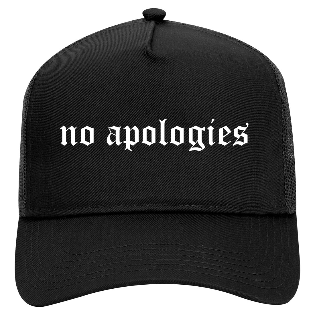 No Apologies Old English Mens Mesh Trucker Hat Black