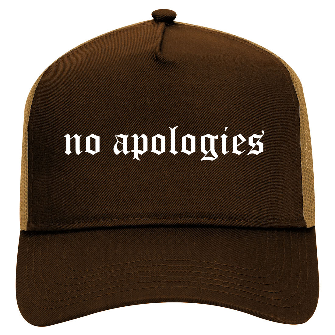 No Apologies Old English Mens Mesh Trucker Hat Brown