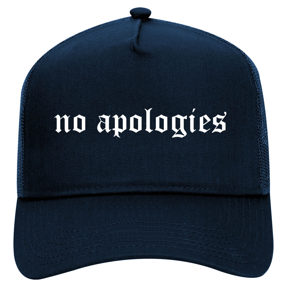 No Apologies Old English Mens Mesh Trucker Hat Navy Blue