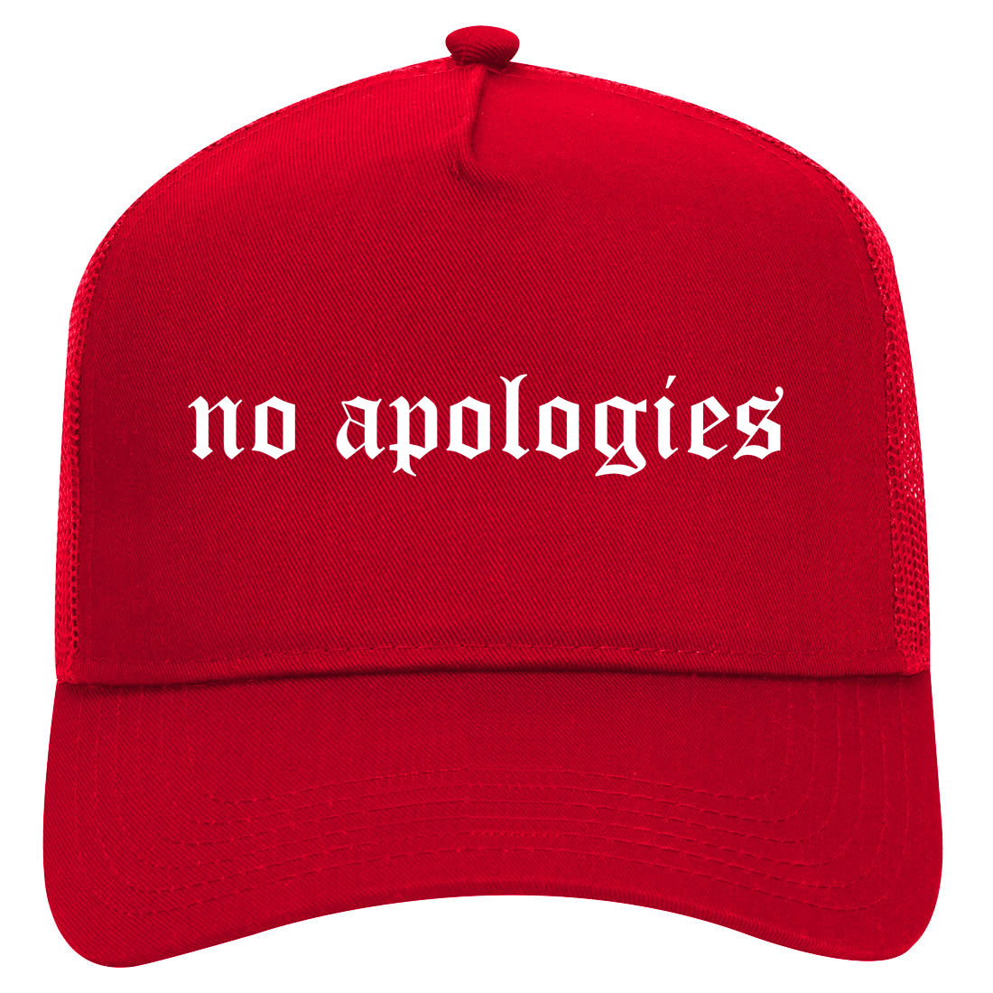No Apologies Old English Mens Mesh Trucker Hat Red