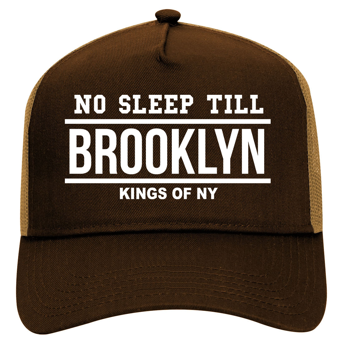No Sleep Till Brooklyn New York Mens Mesh Trucker Hat Brown