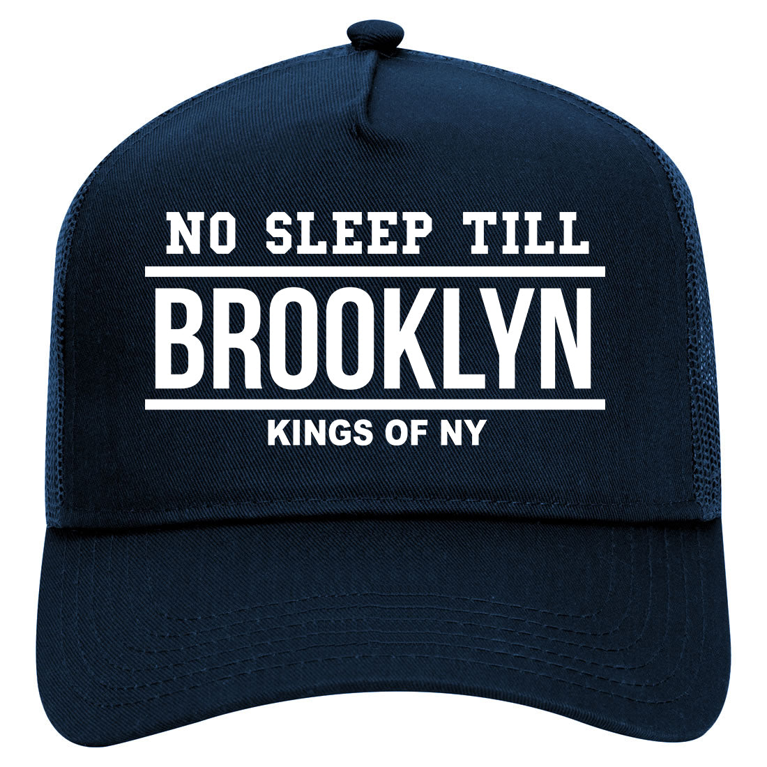 No Sleep Till Brooklyn New York Mens Mesh Trucker Hat Navy Blue
