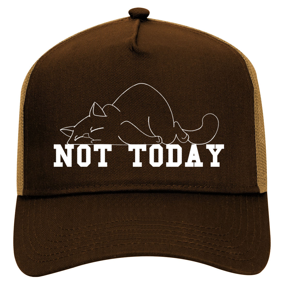 Not Today Sleepy Cat Funny Mens Mesh Trucker Hat Brown