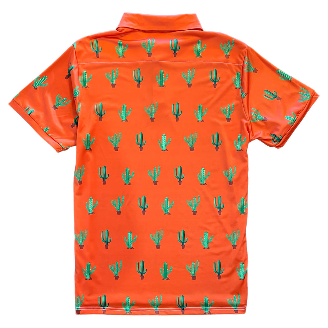 Orange Saguaro Cactus Print Mens Golf Polo Shirt Back