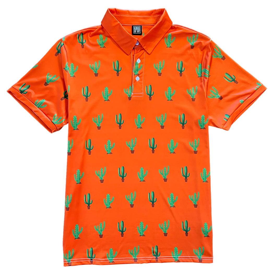 Orange Saguaro Cactus Print Mens Golf Polo Shirt