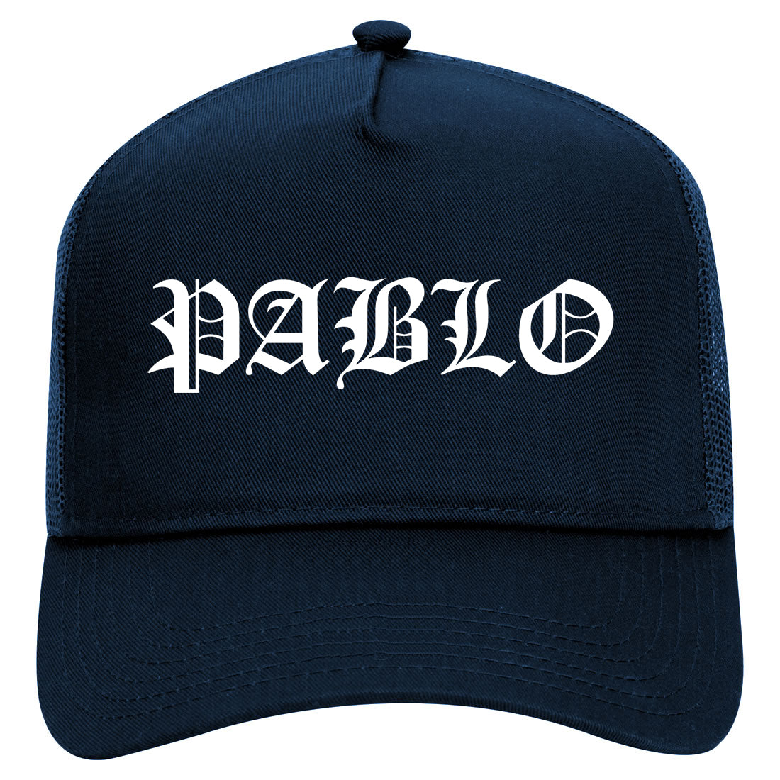 Pablo Old English Mens Mesh Trucker Hat Navy Blue
