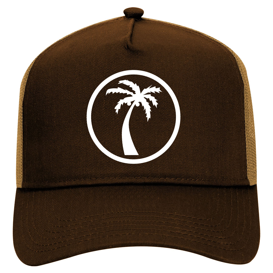 Palm Tree Logo Mens Mesh Trucker Hat Brown