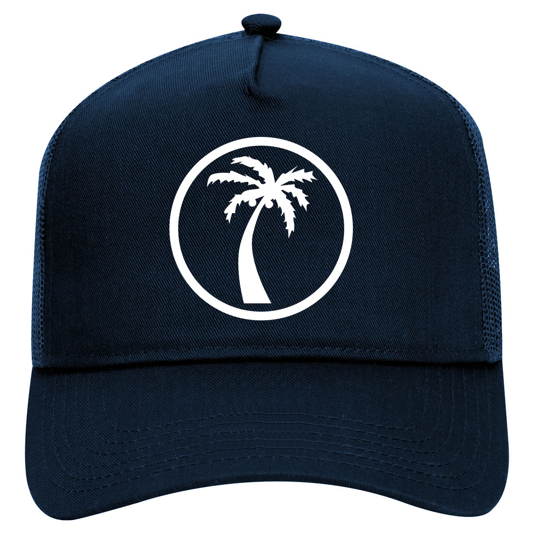Palm Tree Logo Mens Mesh Trucker Hat Navy Blue