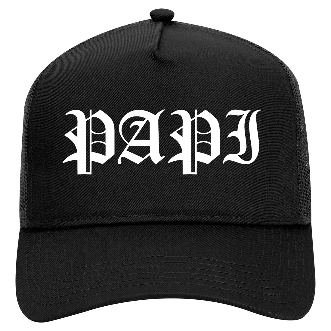 Papi Old English Latino Mens Mesh Trucker Hat Black