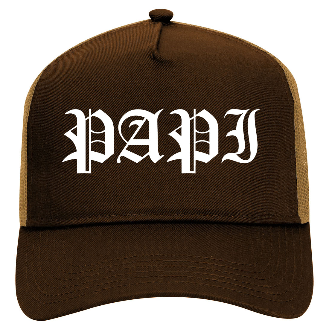 Papi Old English Latino Mens Mesh Trucker Hat Brown