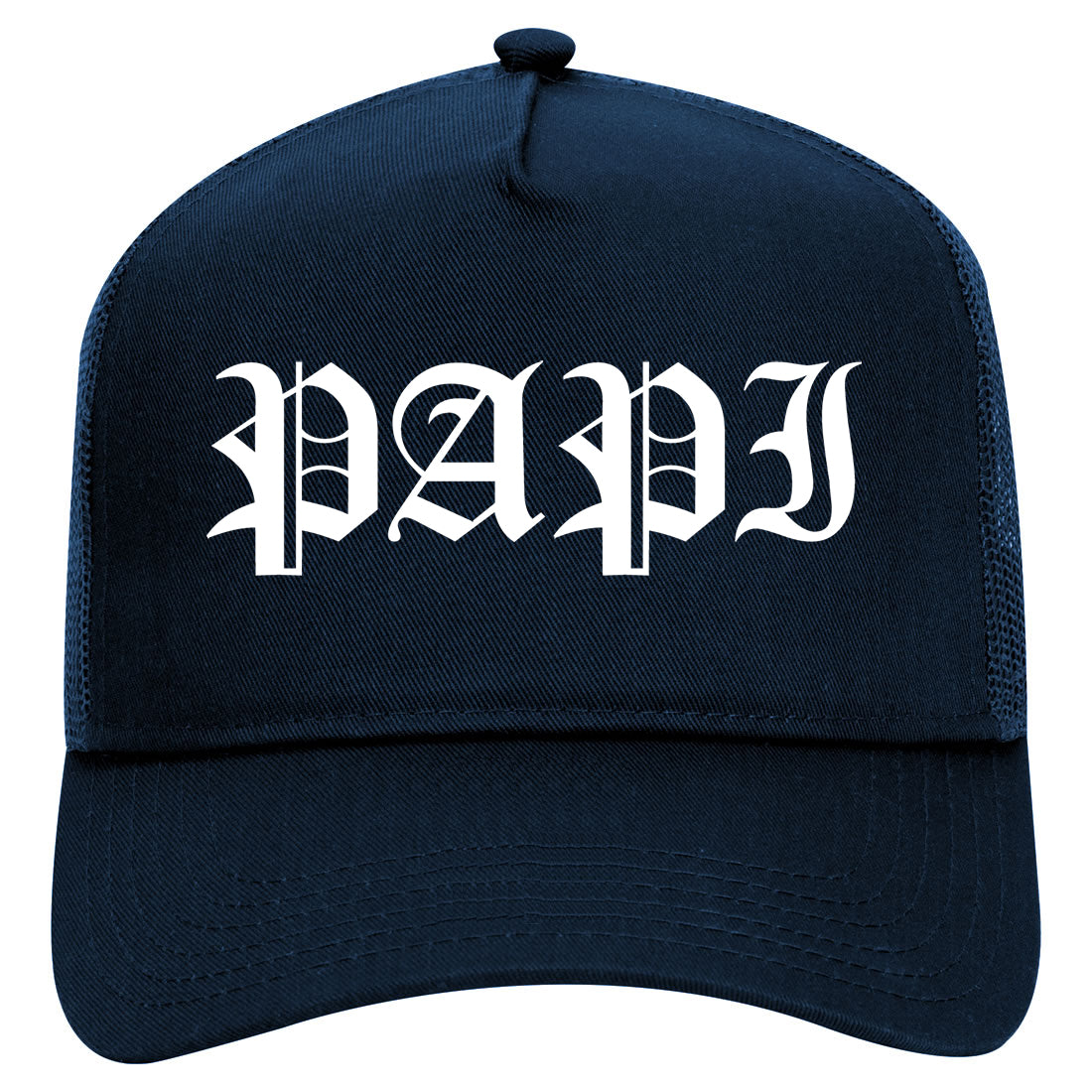 Papi Old English Latino Mens Mesh Trucker Hat Navy Blue