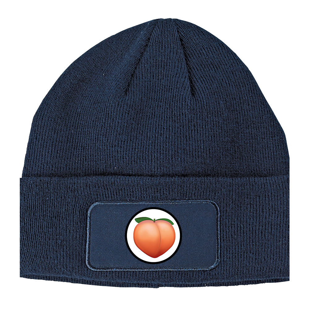 Peach Symbol Winter Knit Adult Beanie Hat Navy Blue