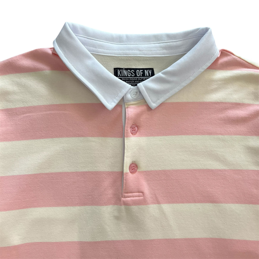 Pink And Beige Striped Mens Long Sleeve Rugby Shirt Brand Label